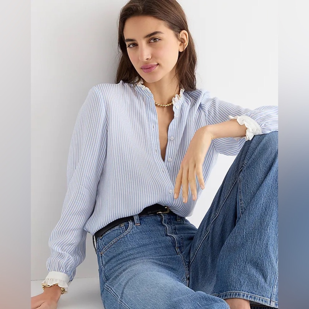 Jcrew Drapey ruffle-trim cupro-blend shirt in stripe